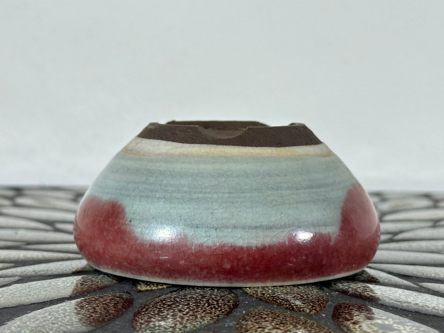 Preowned Japanese Tokoname Glazed Round Bonsai Pot with patina - 3.75” By 2.75”