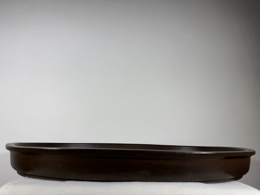 Preowned Japanese Tokoname Unglazed Shallow Oval Bonsai Pot With Stamp - 24.25” x 17.25” x 2 3/8”