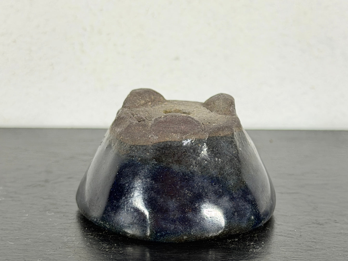 Preowned Japanese Tokoname Glazed Round Bonsai Pot with Stamp - 1 7/8” By 1”
