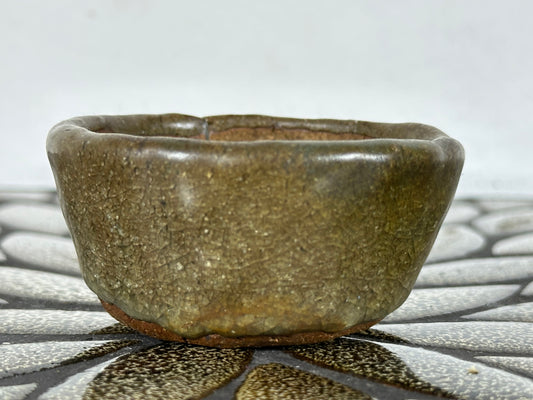 Preowned Japanese Tokoname Glazed Round Bonsai Pot with Stamps - 2.75” By 1 3/8”