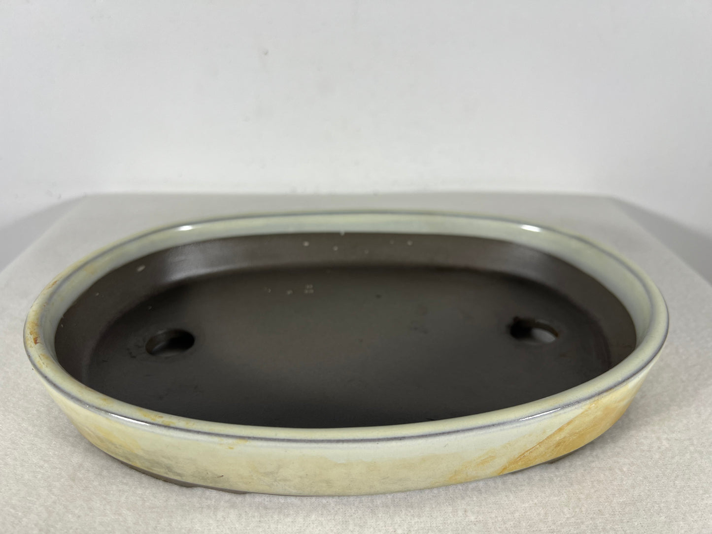 Preowned Japanese Tokoname Glazed Oval Shallow Bonsai Pot with patina - 10” By 7”