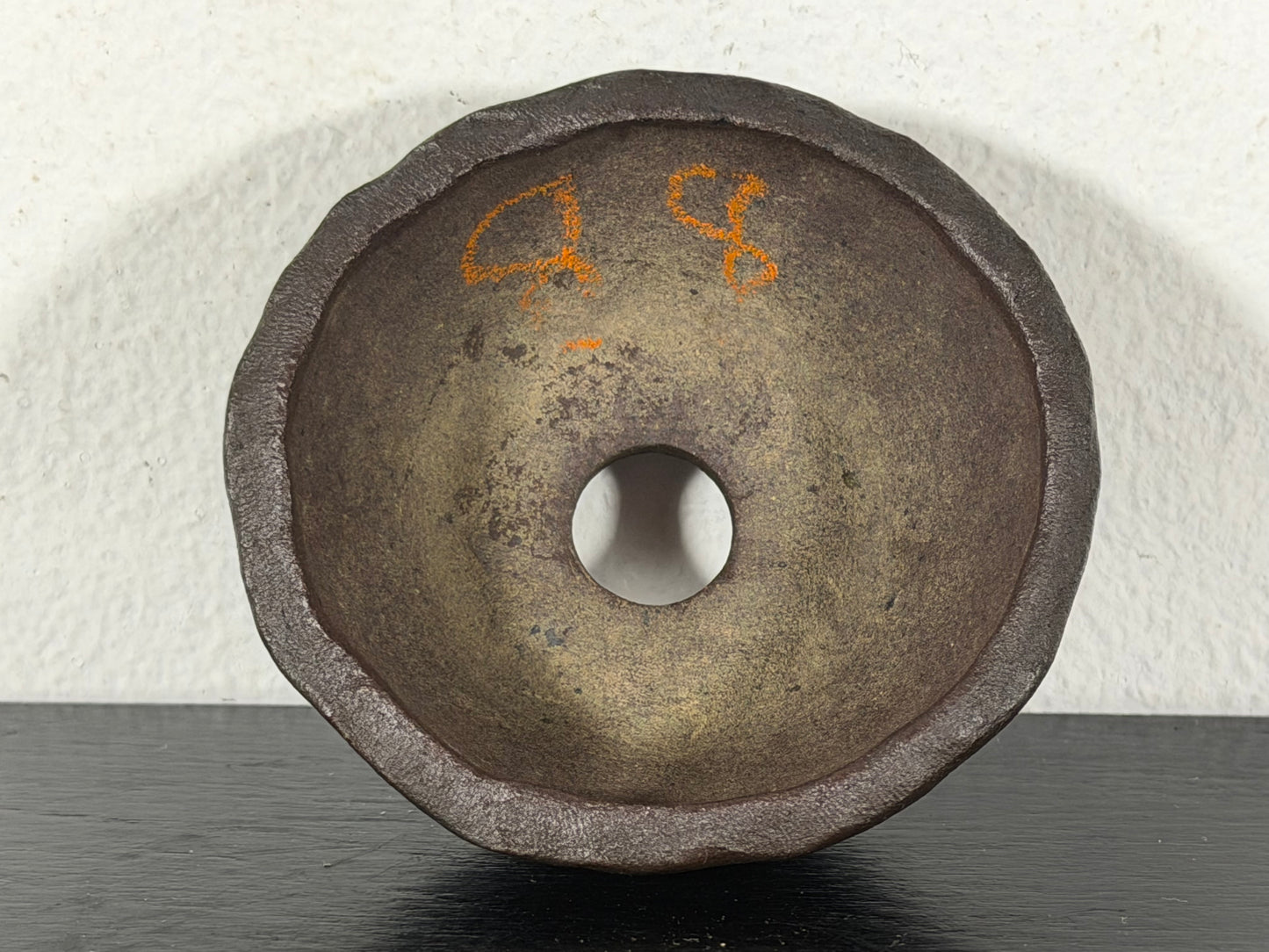 Preowned Japanese Tokoname Unglazed Round Bonsai Pot With Stamp - 2.25” By 1 1/8”