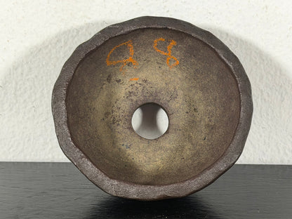 Preowned Japanese Tokoname Unglazed Round Bonsai Pot With Stamp - 2.25” By 1 1/8”