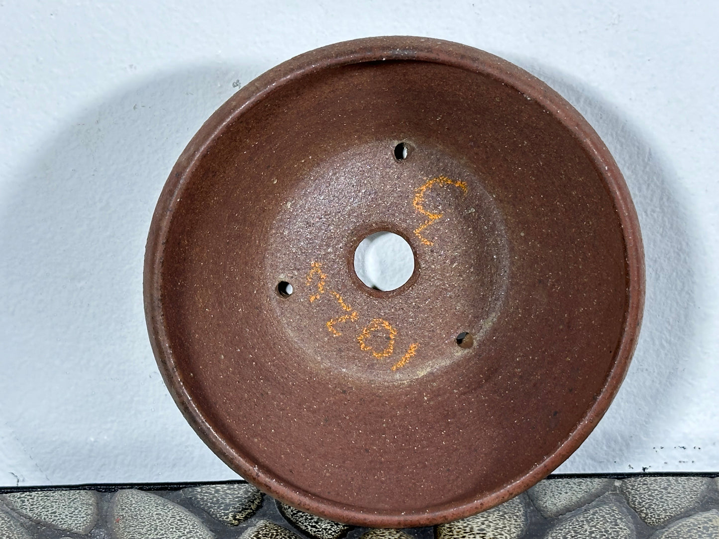 Preowned Japanese Tokoname Unglazed Round Bonsai Pot with Stamps - 5 1/8” By 2”