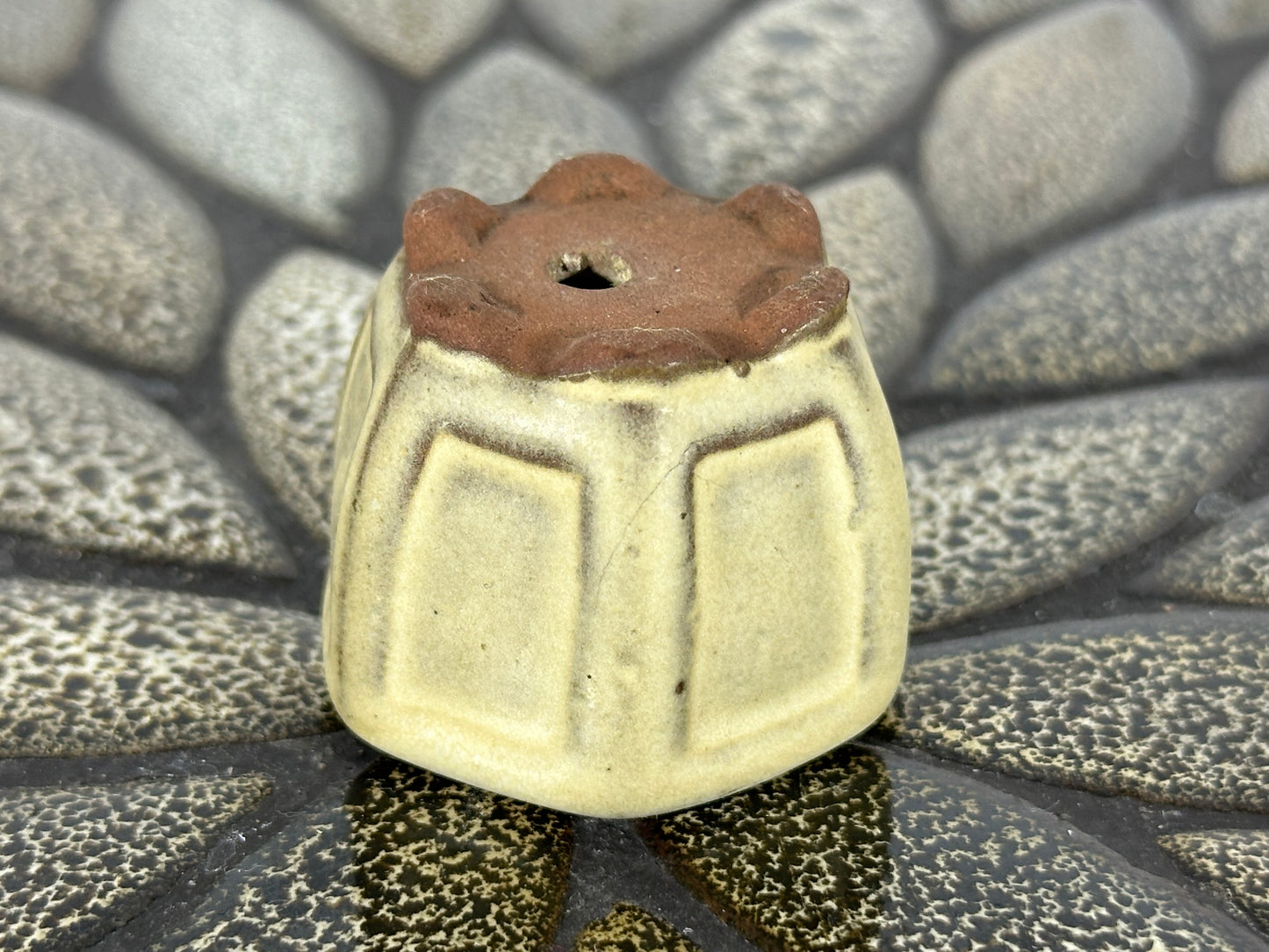 Preowned Japanese Tokoname Glazed Hexagon Bonsai Pot - 1 5/8” By 1.25”