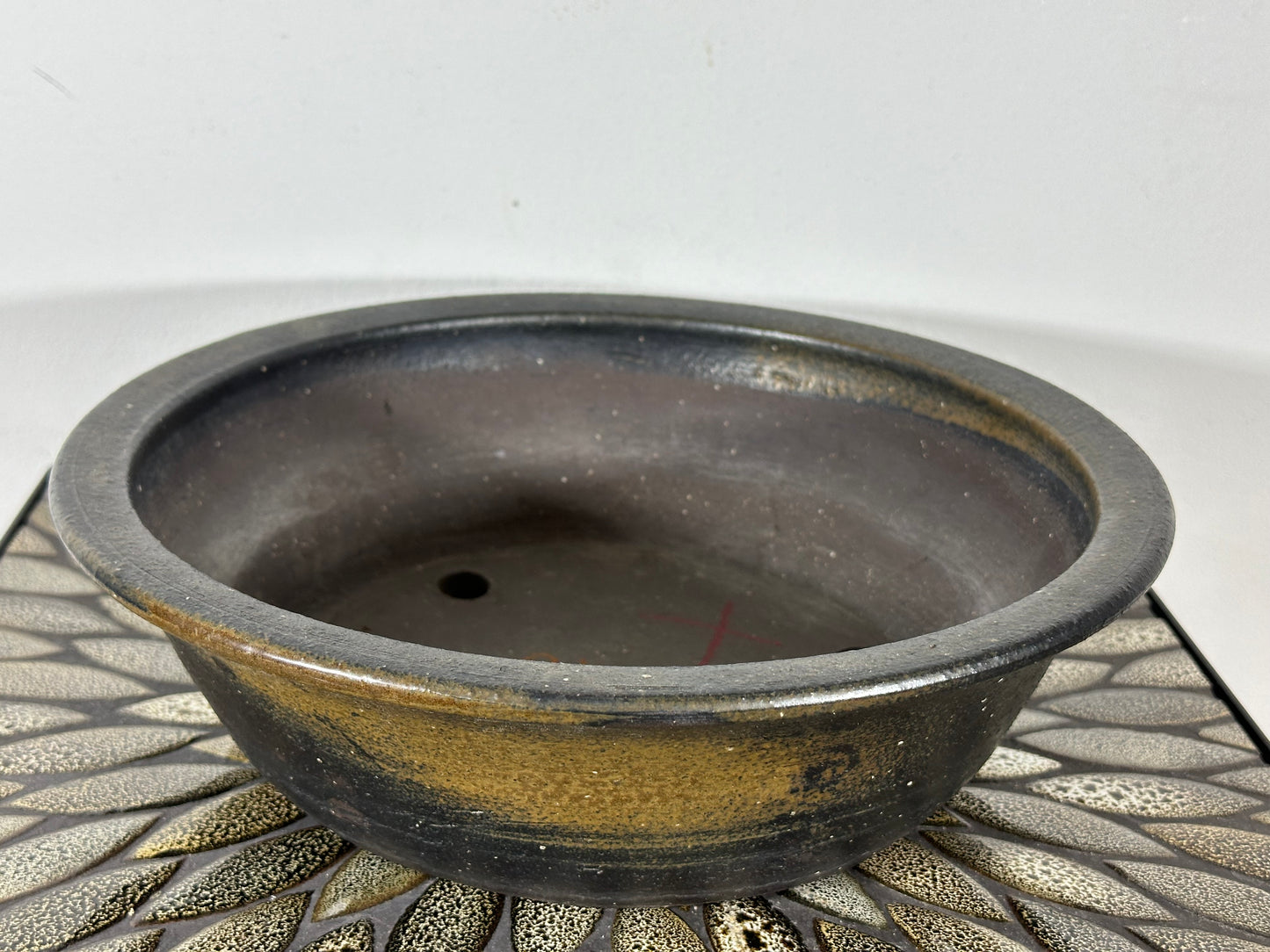Preowned Japanese Tokoname Unglazed Round Bonsai Pot with Stamp - 12.25” By 3.5”