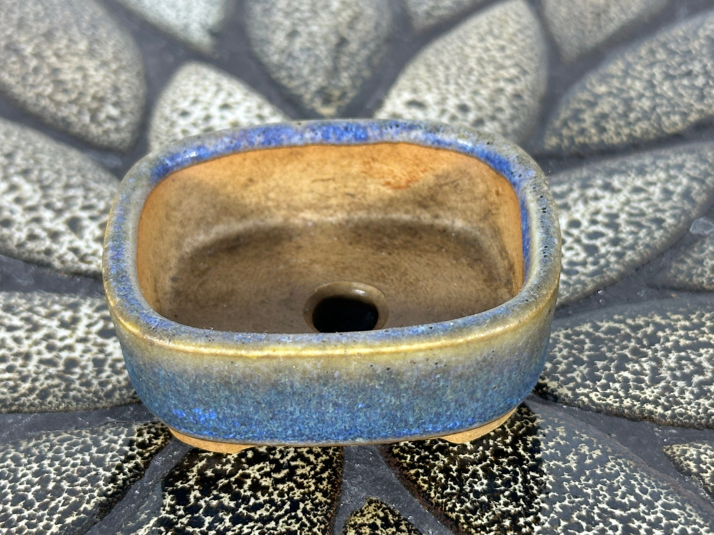 Preowned Japanese Tokoname Glazed Rectangular Bonsai Pot with Stamp - 2” By 1 5/8”