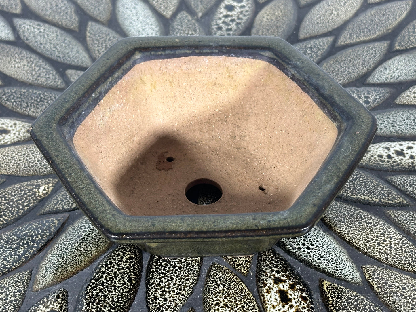 Preowned Japanese Tokoname Glazed Hexagon Bonsai Pot - 6” By 5.25”