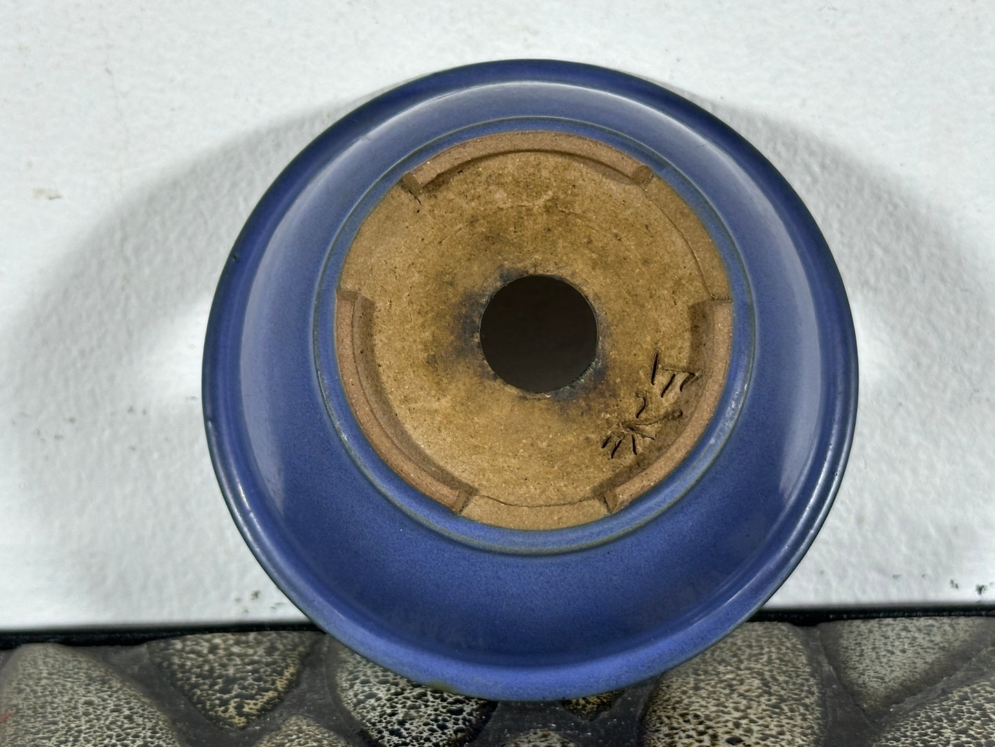 Preowned Japanese Tokoname Glazed Round Bonsai Pot with Stamps - 3 3/8” By 1 3/8”