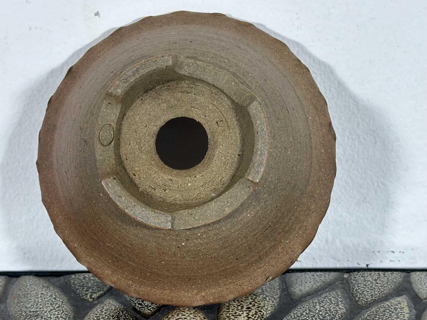 Preowned Japanese Tokoname Unglazed Round Bonsai Pot with Stamp - 4 5/8” By 1.75”