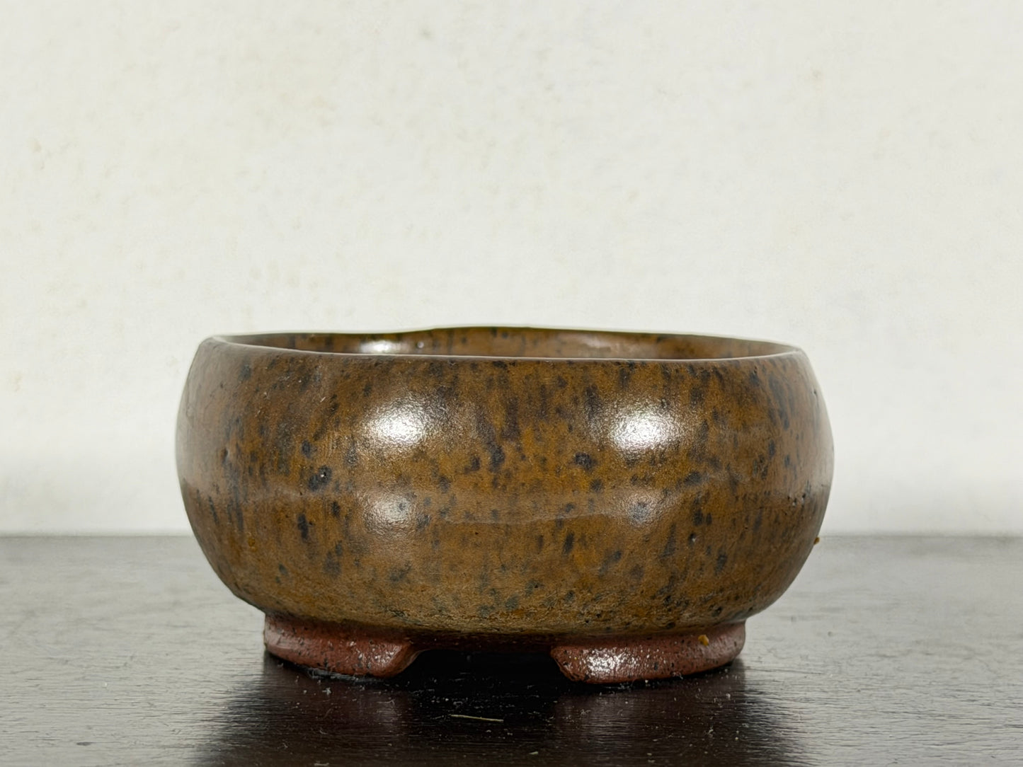 Preowned Japanese Tokoname Glazed Round Bonsai Pot With Stamp - 2.25” By 1 1/8”