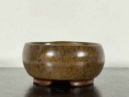Preowned Japanese Tokoname Glazed Round Bonsai Pot With Stamp - 2.25” By 1 1/8”