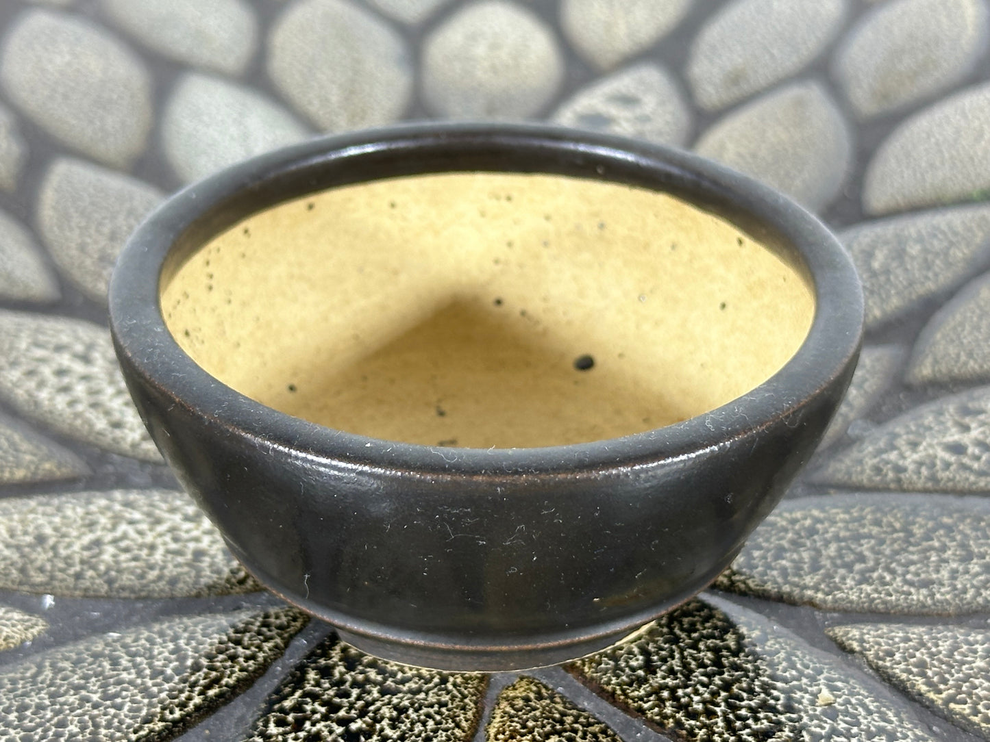 Preowned Japanese Tokoname Glazed Round Bonsai Pot with Stamps - 3.25” By 1 3/8”