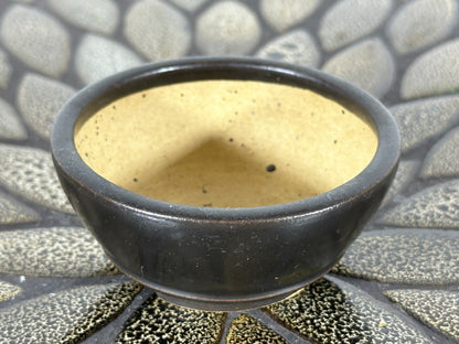 Preowned Japanese Tokoname Glazed Round Bonsai Pot with Stamps - 3.25” By 1 3/8”