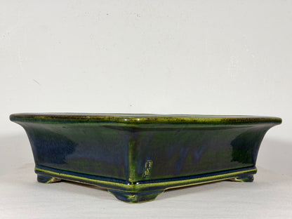 New Japanese Tokoname Glazed Rectangular Bonsai Pot Mazan Terahata - 11” By 9.5”