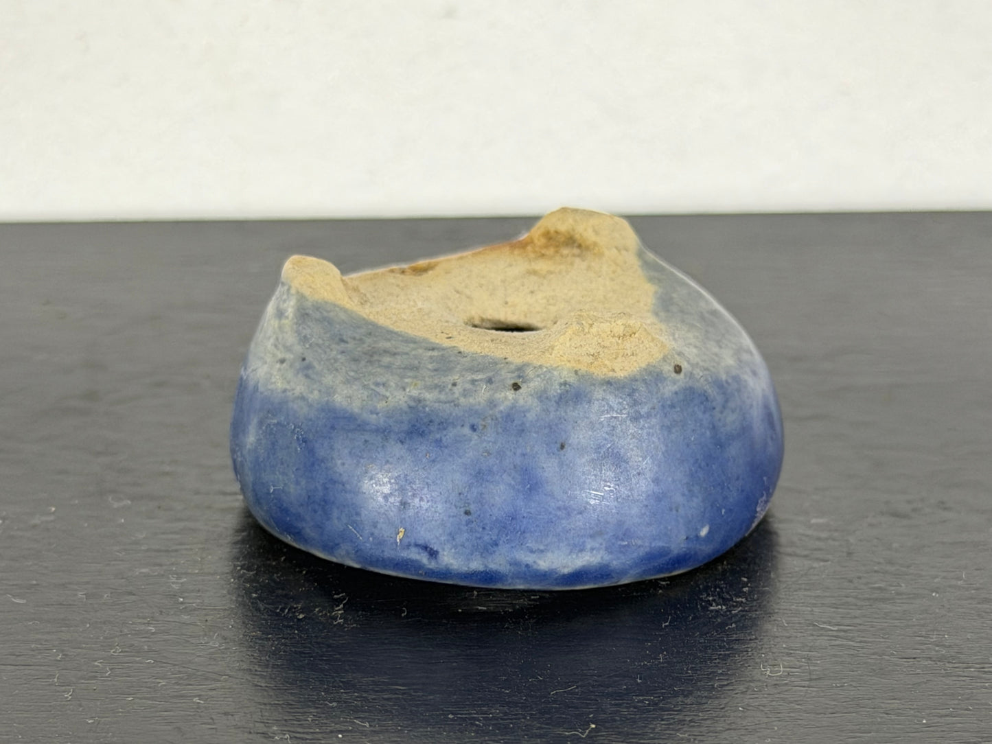 Preowned Japanese Tokoname Glazed Round Bonsai Pot With Stamp - 1.75” By 0.75”
