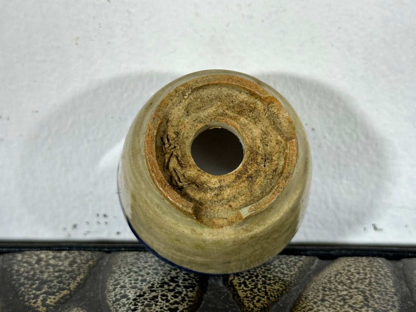 Preowned Japanese Tokoname Glazed Round Bonsai Pot with Stamps - 1.75” By 1 1/8”