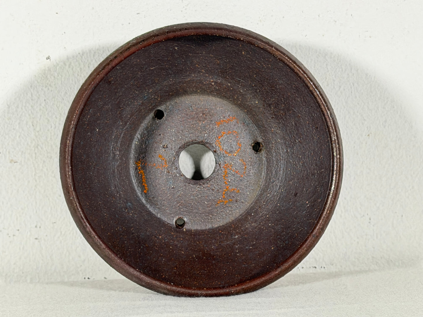 Preowned Japanese Tokoname Unglazed Round Bonsai Pot with Stamps - 5” By 2”