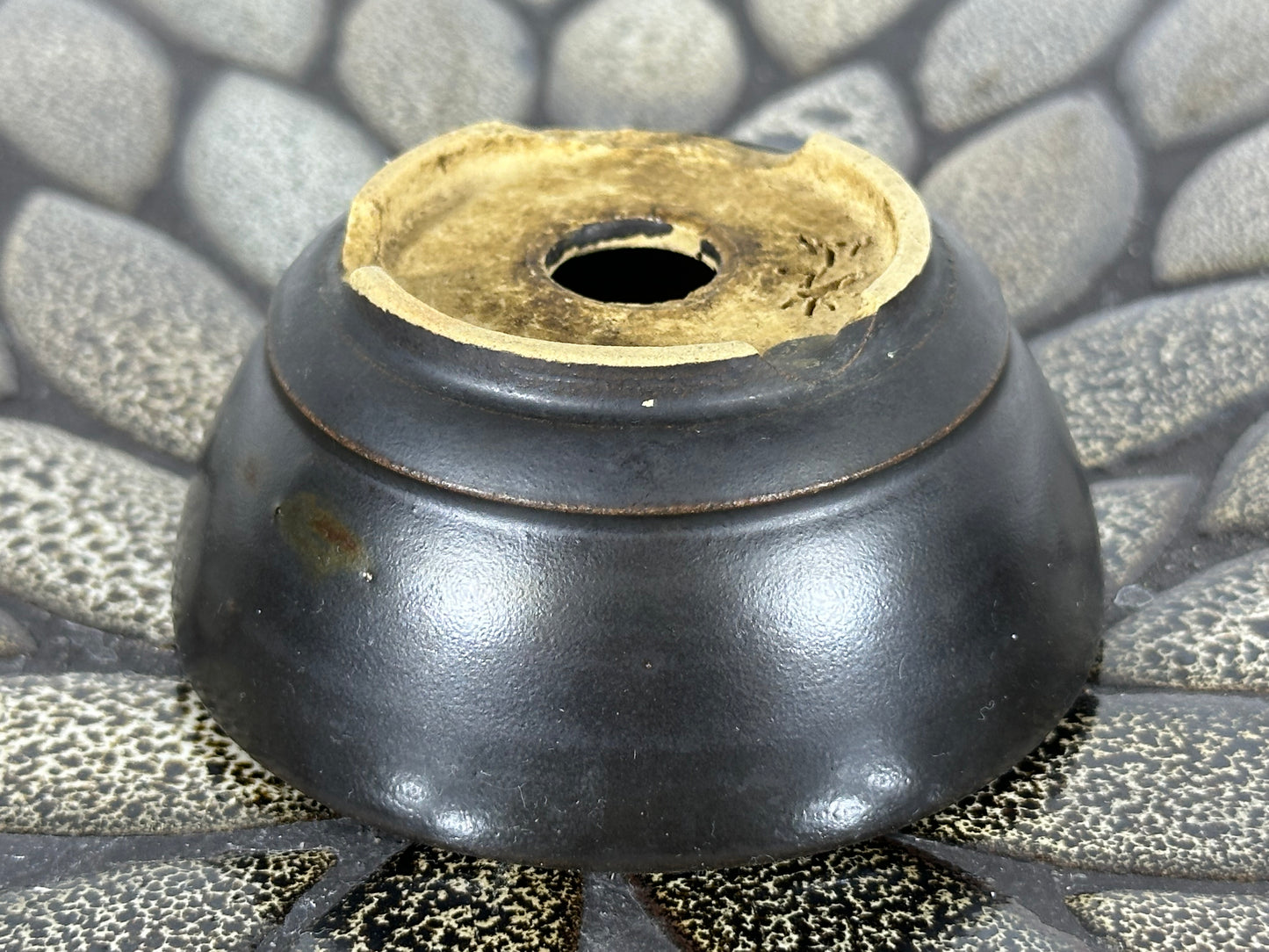 Preowned Japanese Tokoname Glazed Round Bonsai Pot with Stamps - 3.25” By 1 3/8”