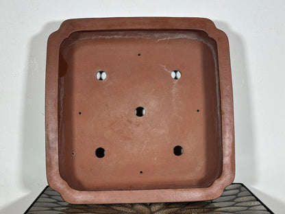 Preowned Japanese Tokoname Unglazed Square Bonsai Pot with Stamps - 13.25” By 13 1/8”