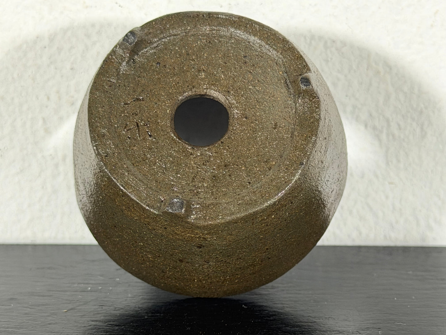 Preowned Japanese Tokoname Unglazed Round Bonsai Pot With Stamp - 2” By 1 1/8”