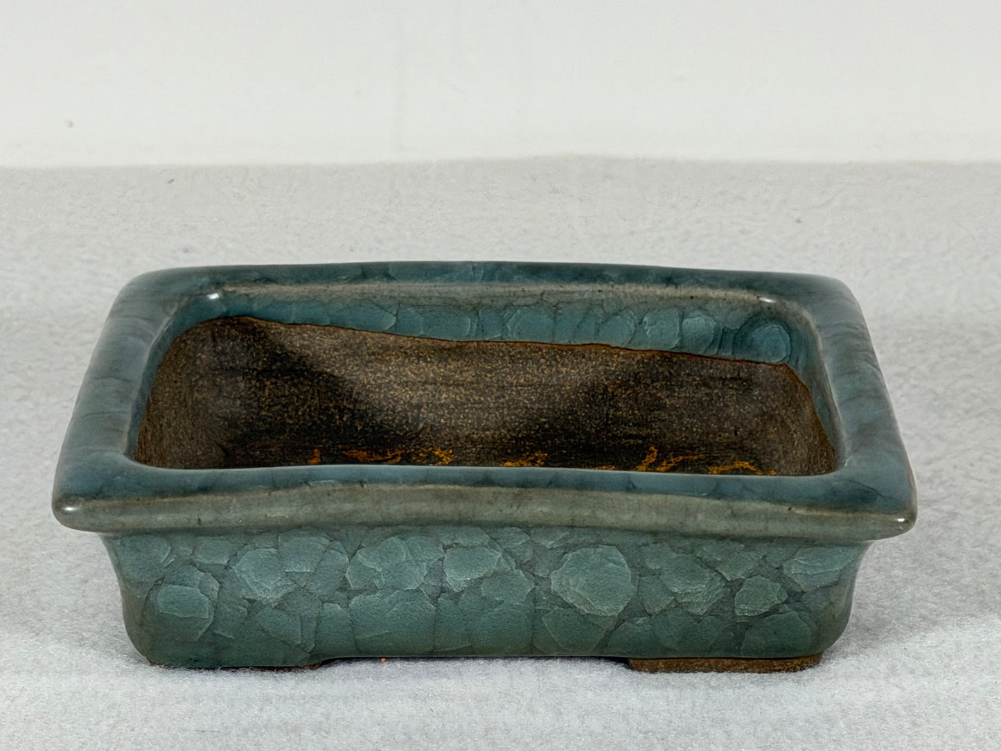 Preowned Japanese Tokoname Glazed Rectangular Bonsai Pot Has Stamp - 5” By 4”