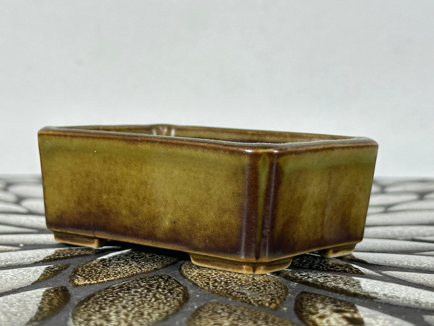 Preowned Vintage Japanese Tokoname Glazed Rectangular Bonsai Pot Jyuetu - 3 3/8” By 2.25”