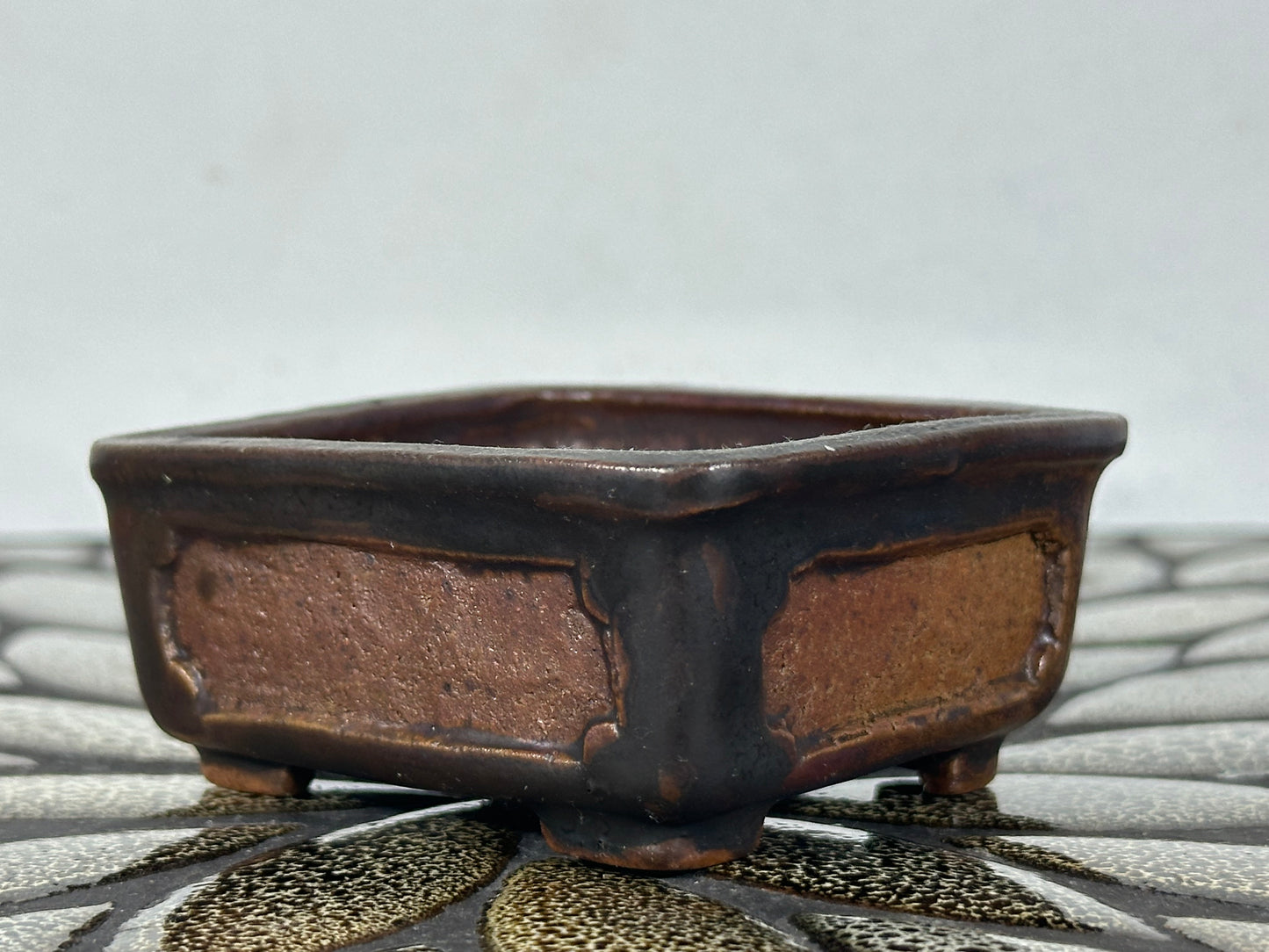 Preowned Japanese Tokoname Glazed Rectangular Bonsai Pot With Stamp - 3 1/8” By 2 7/8”
