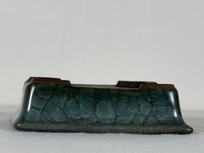 Preowned Japanese Tokoname Glazed Rectangular Bonsai Pot Has Stamp - 5” By 4”