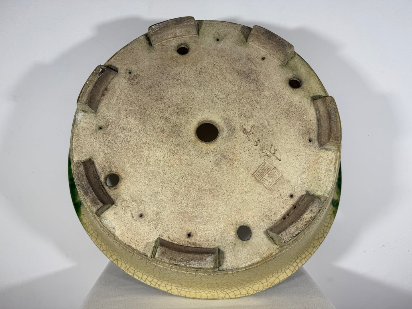 Preowned Vintage Japanese Tokoname Glazed Round Bonsai Pot Mazan Terahata - 20.75” By 6.25”