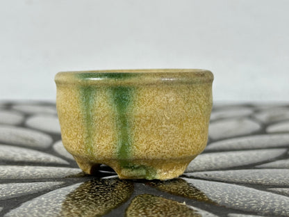 Preowned Japanese Tokoname Glazed Round Bonsai Pot with Stamps - 1.75” By 1 1/8”