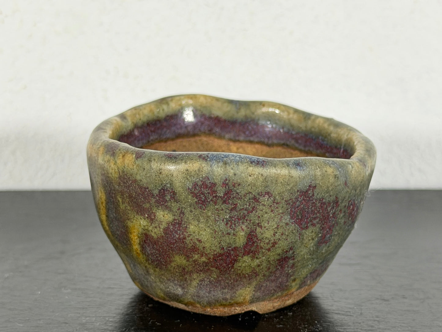 Preowned Japanese Tokoname Glazed Round Bonsai Pot with Stamp - 2.25” By 1.35”