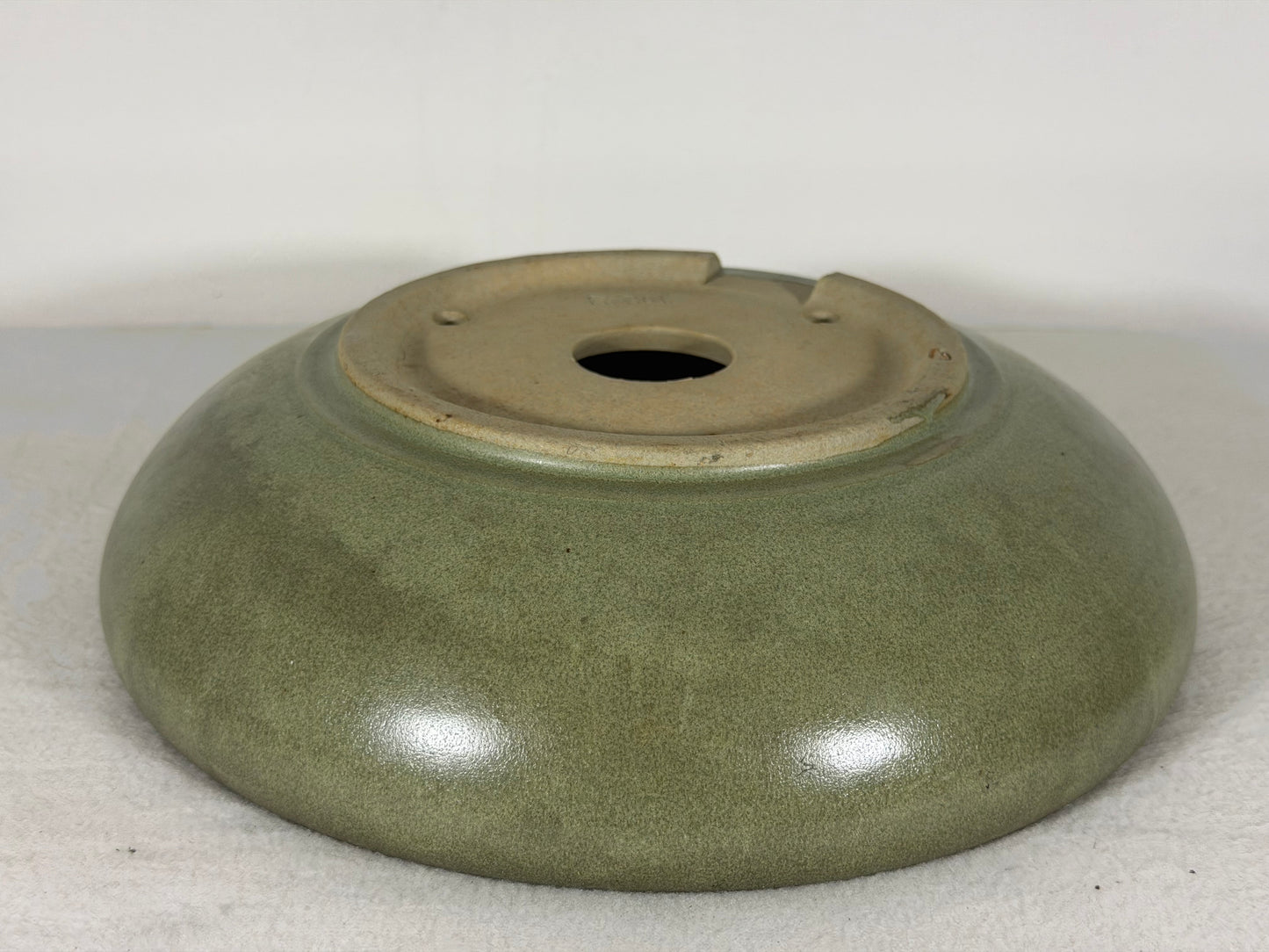 Preowned Japanese Tokoname Glazed Round Bonsai Pot has Patina - 9.5” By 2.5”