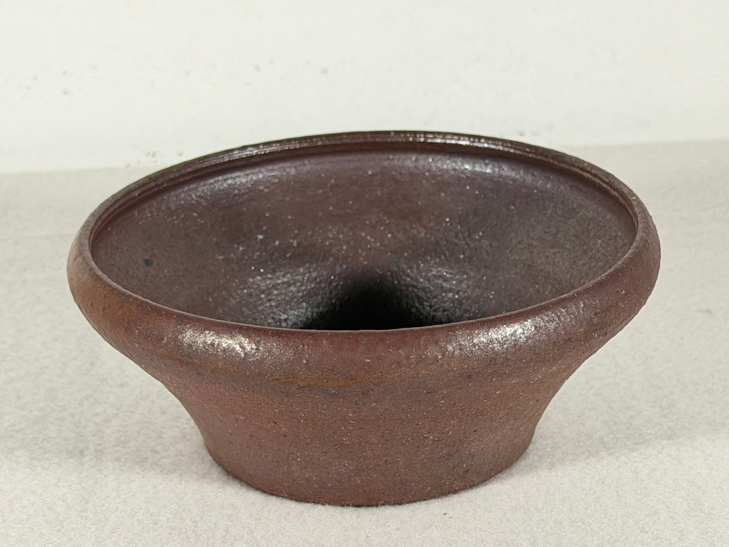 Preowned Japanese Tokoname Unglazed Round Bonsai Pot with Stamps - 4.75” By 2”