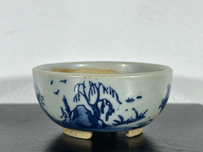 Preowned Japanese Tokoname Hand Painted Round Bonsai Pot Marutou with Patina - 2.75” By 1.25”