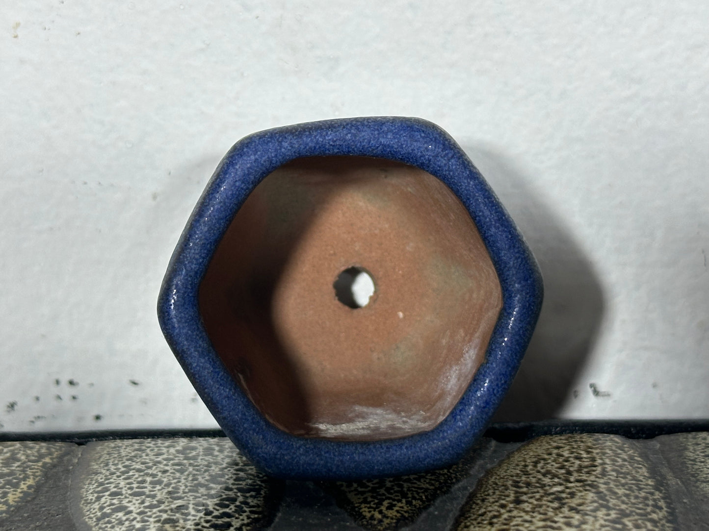 Preowned Japanese Tokoname Glazed Hexagon Bonsai Pot - 1 5/8” By 1.25”