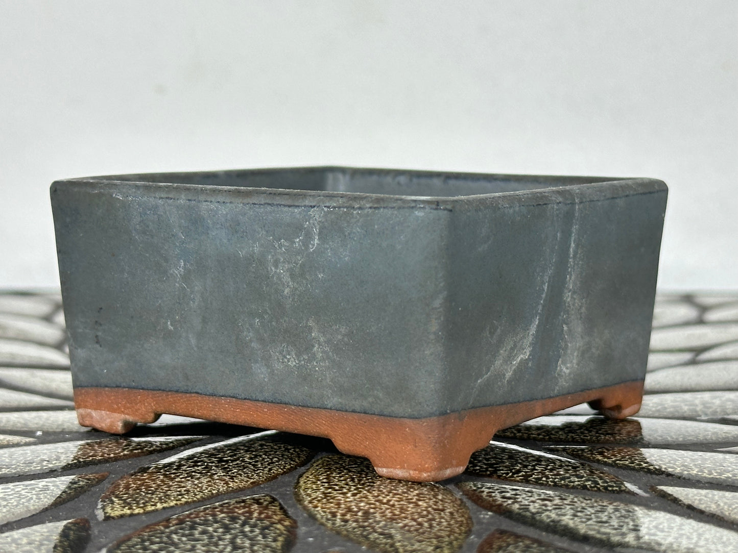 Preowned Japanese Tokoname Glazed Square Bonsai Pot with Stamp - 3.35” By 1 5/8”