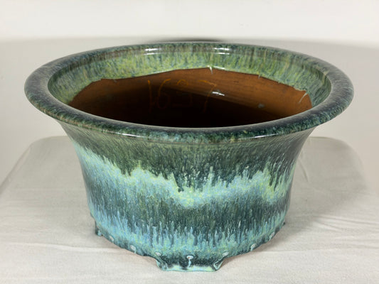 Preowned Japanese Tokoname Glazed Round Bonsai Pot Syuhou Yoshimura - 11.5” By 6”