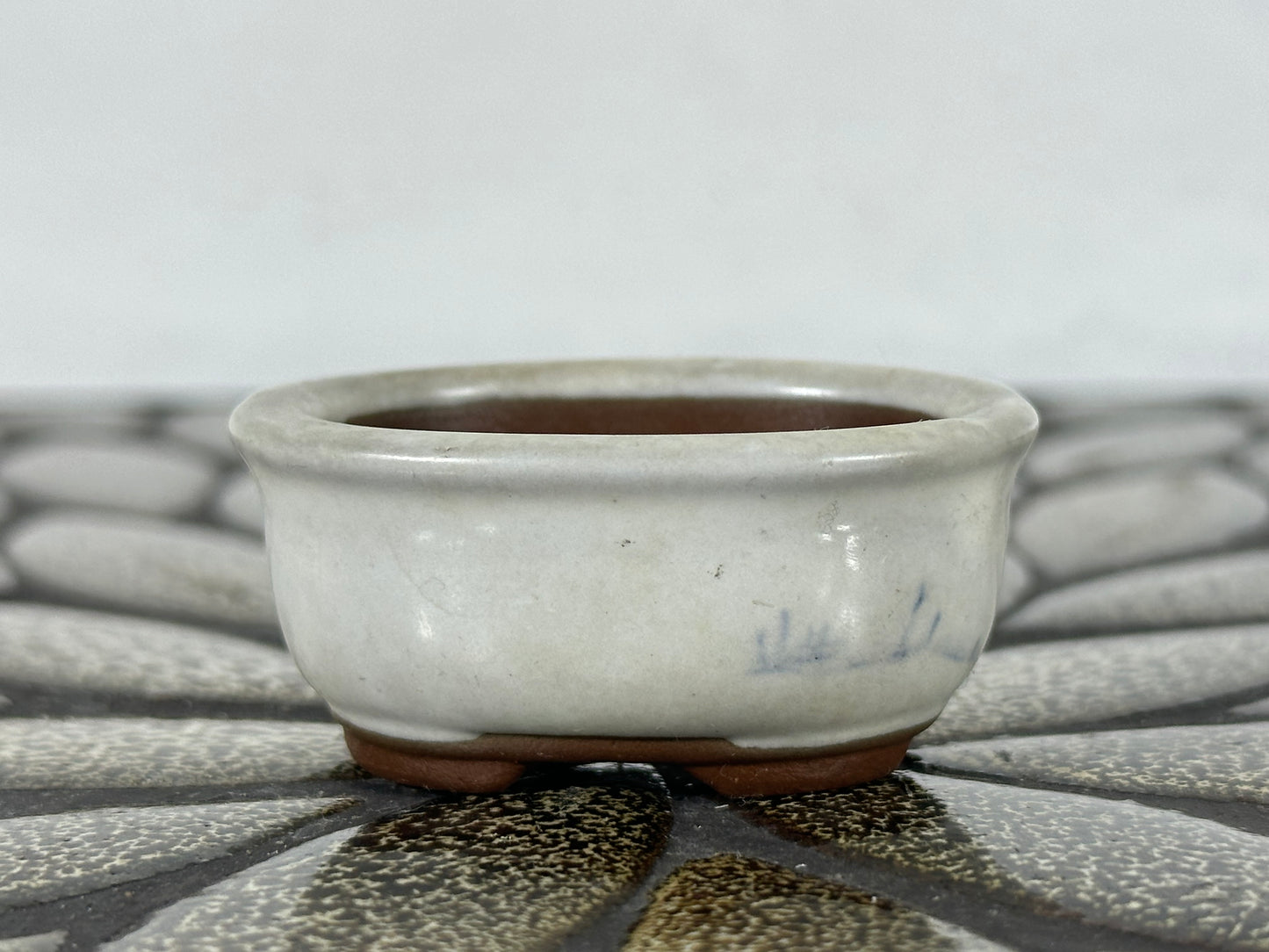 Preowned Japanese Tokoname Glazed Oval Bonsai Pot with Stamp - 2” By 1.75”