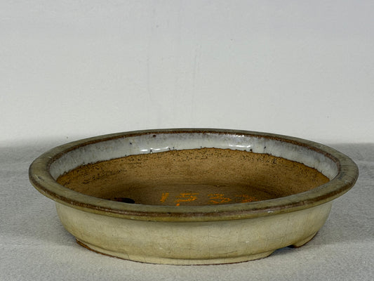 Preowned Japanese Tokoname Glazed Shallow Round Bonsai Pot Mazan - 8.25” By 1.75”