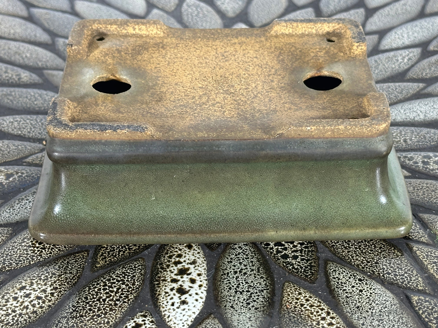 Preowned Japanese Tokoname Glazed Rectangular Bonsai Pot Hatutori with patina - 6.25” By 5”