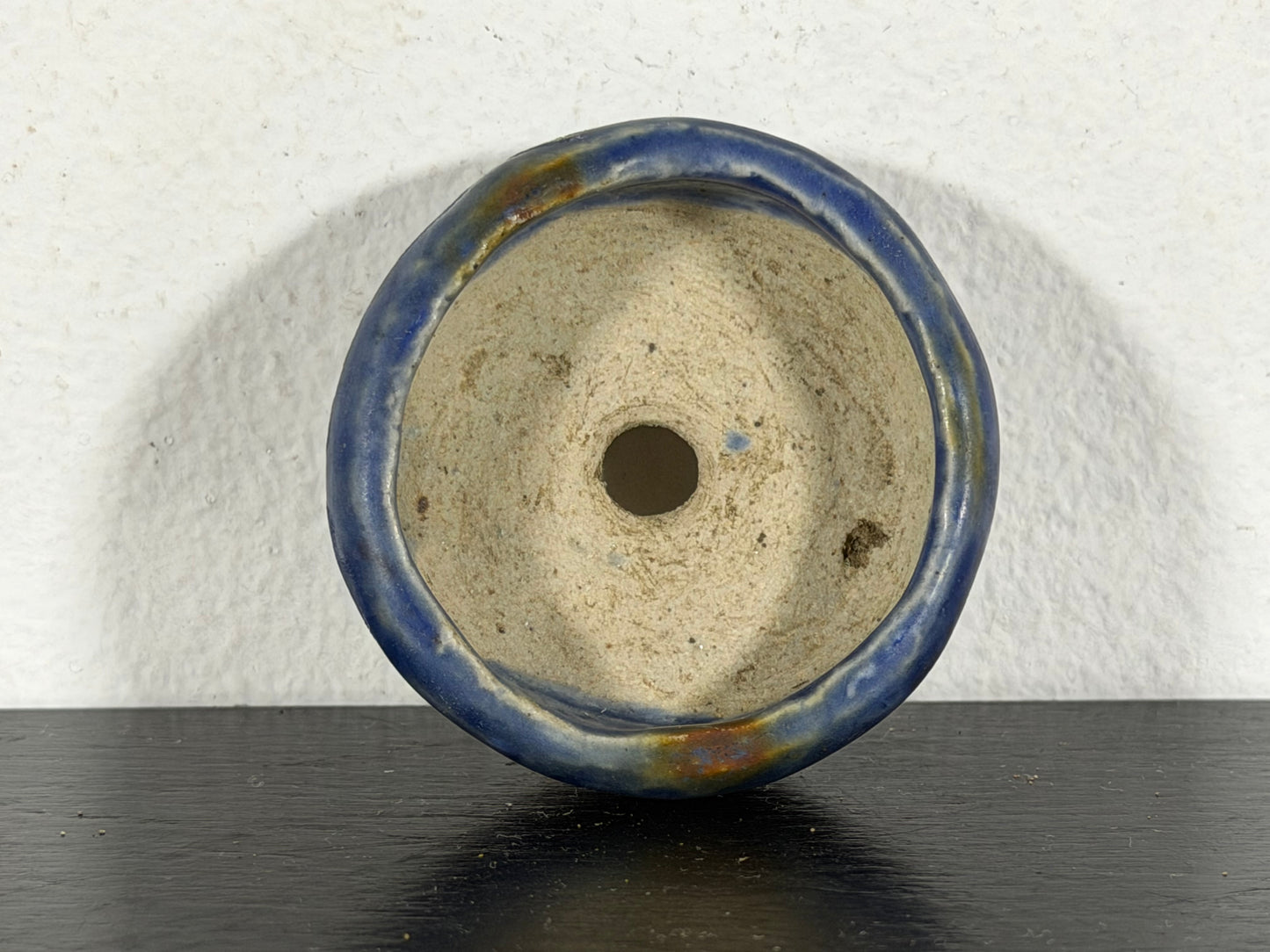 Preowned Japanese Tokoname Glazed Round Bonsai Pot With Stamp - 1.75” By 0.75”