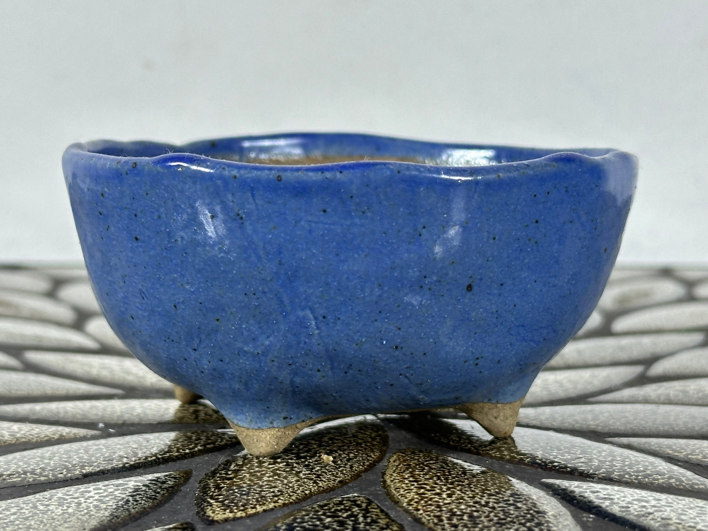 Preowned Japanese Tokoname Glazed Round Bonsai Pot with Stamps - 3.75” By 1.75”