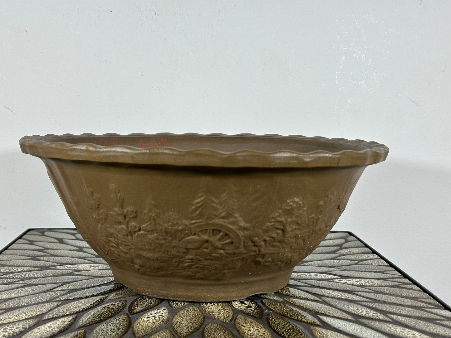Preowned Japanese Tokoname Unglazed Round Bonsai Pot - 12.5” By 5”