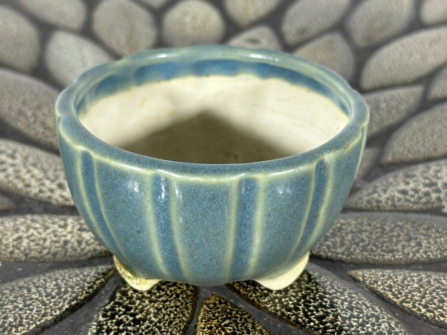 Preowned Japanese Tokoname Glazed Round Bonsai Pot with Stamp - 2 7/8” By 1 5/8”