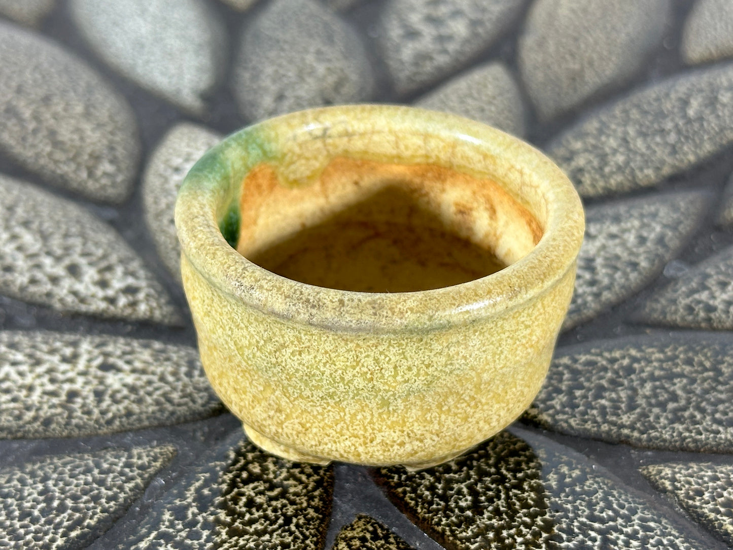 Preowned Japanese Tokoname Glazed Round Bonsai Pot with Stamps - 1.75” By 1 1/8”