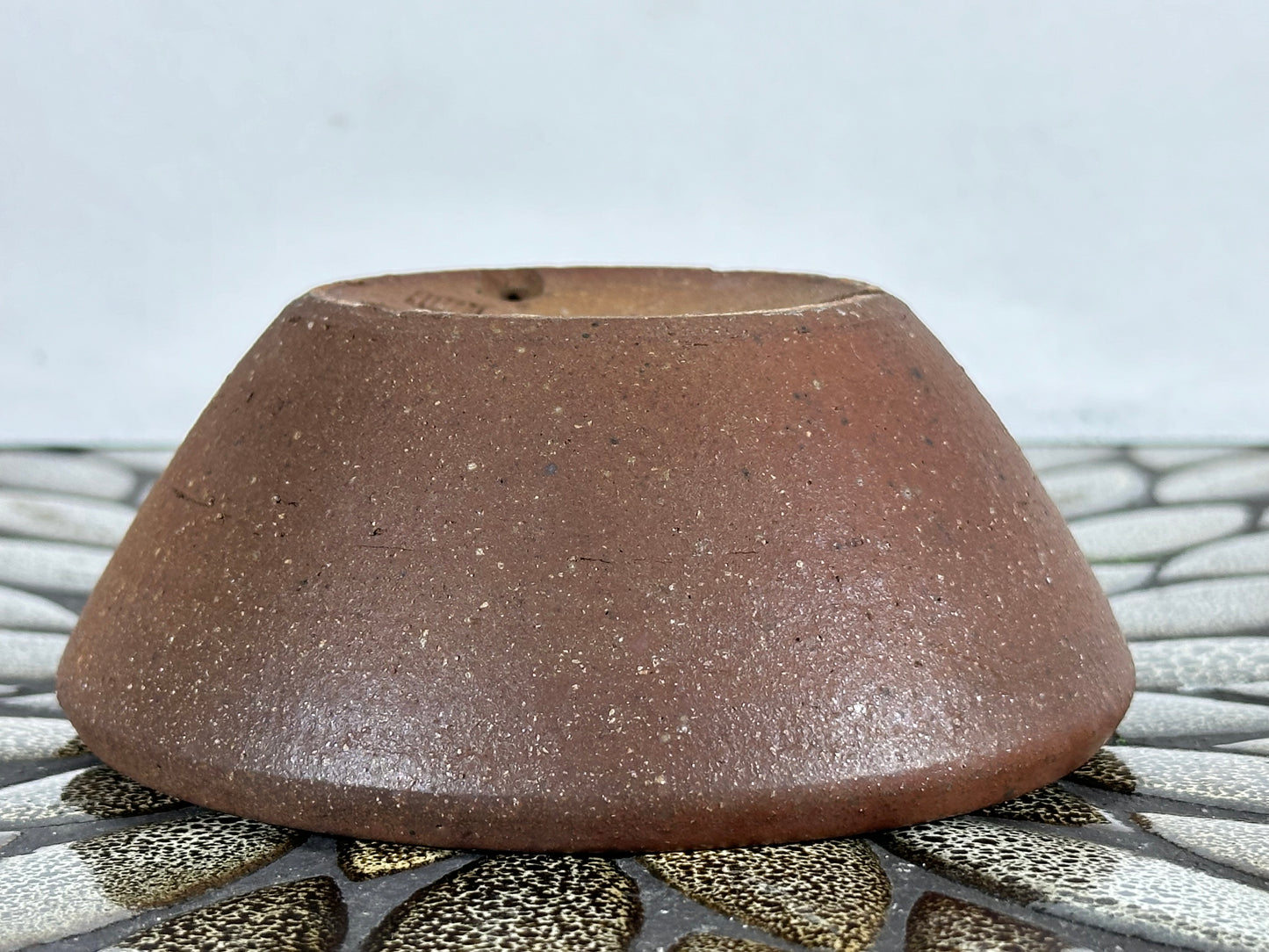 Preowned Japanese Tokoname Unglazed Round Bonsai Pot with Stamps - 5 1/8” By 2”