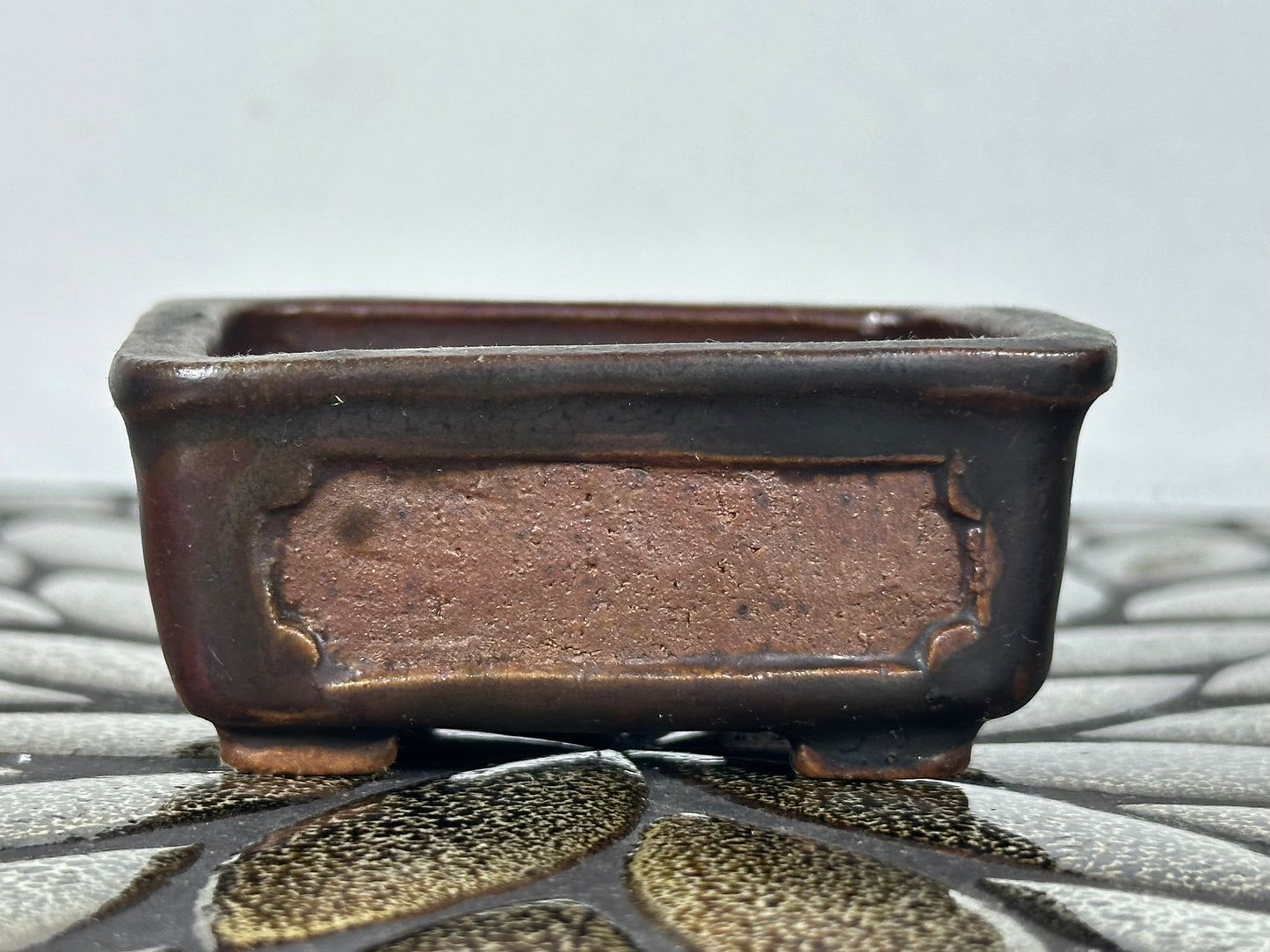 Preowned Japanese Tokoname Glazed Rectangular Bonsai Pot With Stamp - 3 1/8” By 2 7/8”