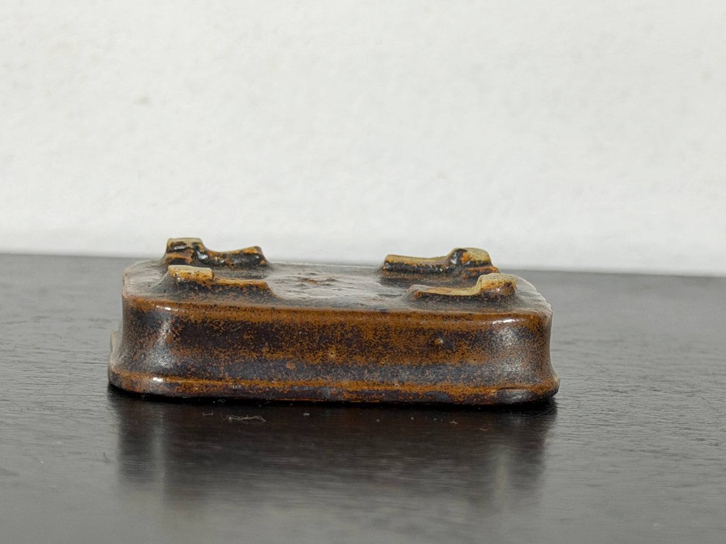 Preowned Vintage Japanese Tokoname Glazed Rectangular Shallow Bonsai Pot Mutou - 1.75” By 1.25”