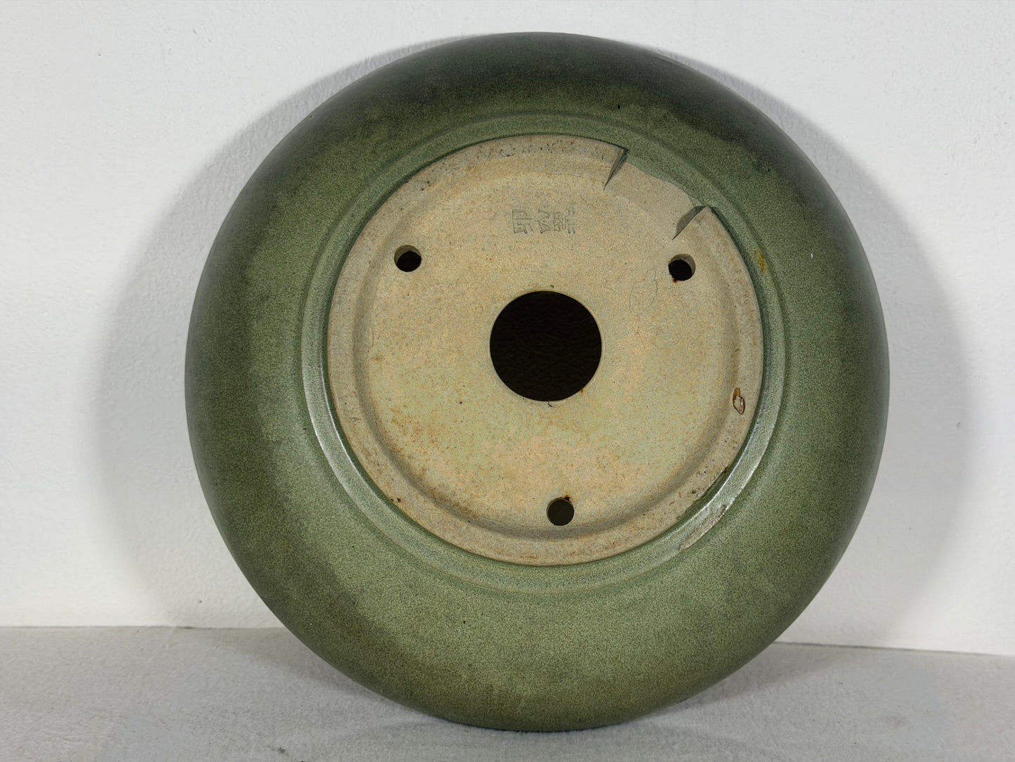 Preowned Japanese Tokoname Glazed Round Bonsai Pot has Patina - 9.5” By 2.5”